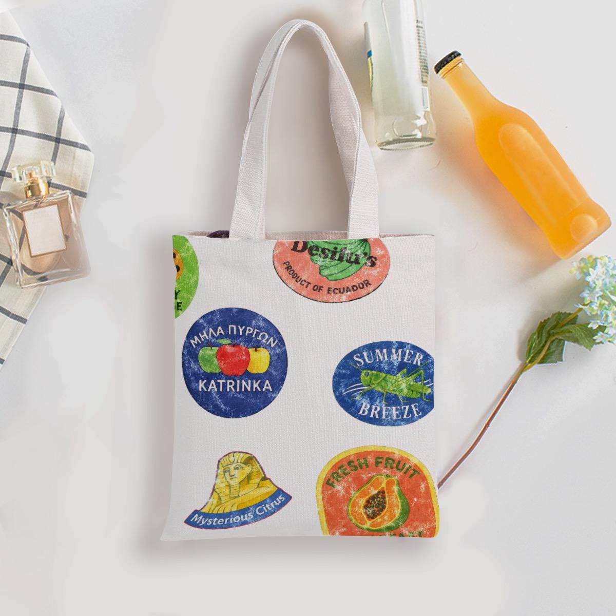 Retro Style Fruit Sticker Tote Bag – Produce-Inspired Canvas Farmers Market Everyday Shopping
