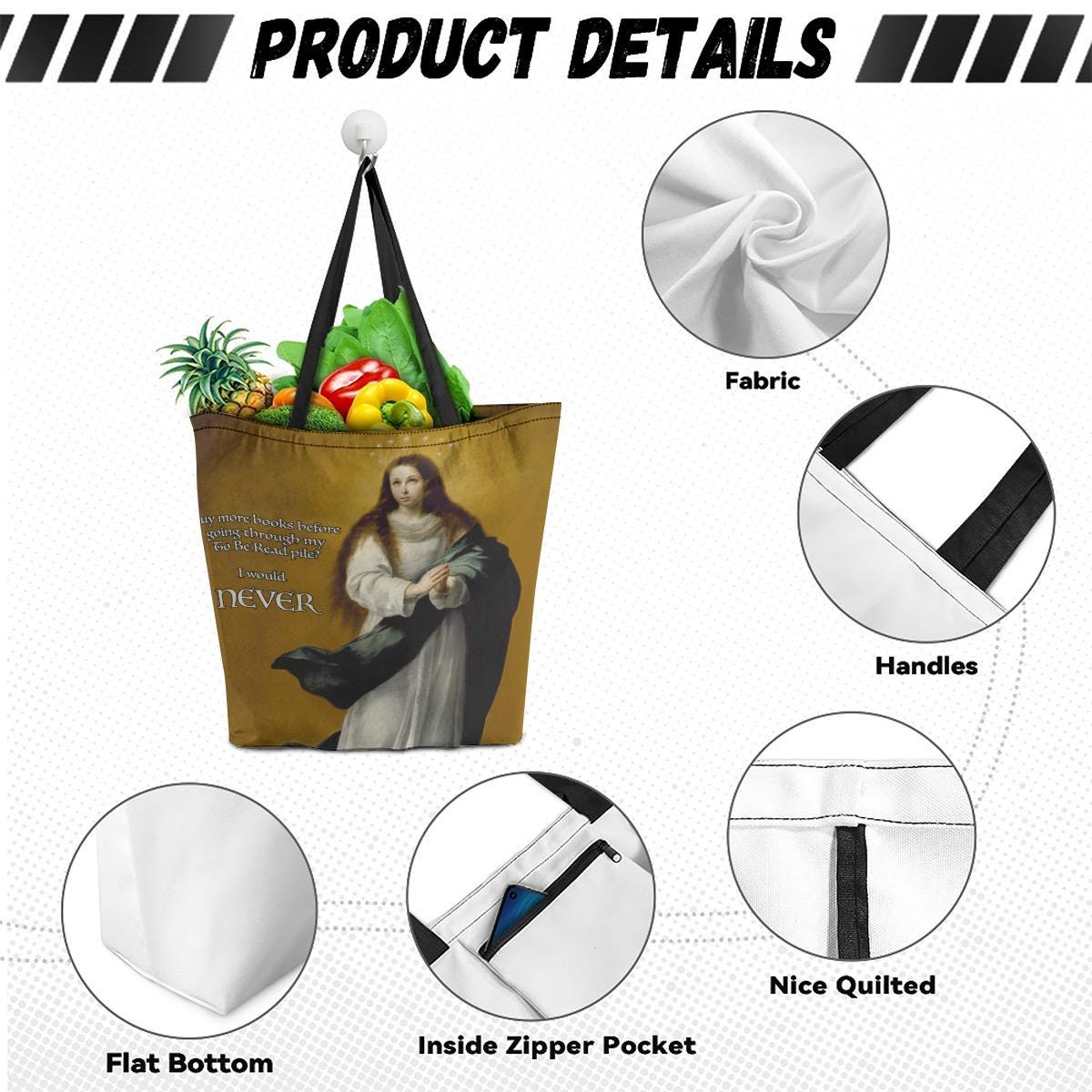 Funny TBR Pile Canvas Tote: Rococo Angel Book Bag for BookTok