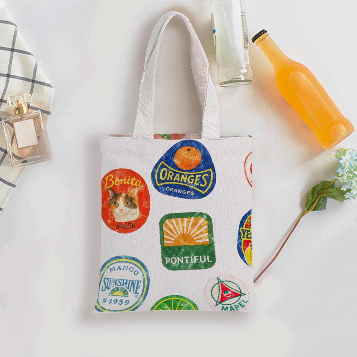 Retro Style Fruit Sticker Tote Bag – Produce-Inspired Canvas Farmers Market Everyday Shopping