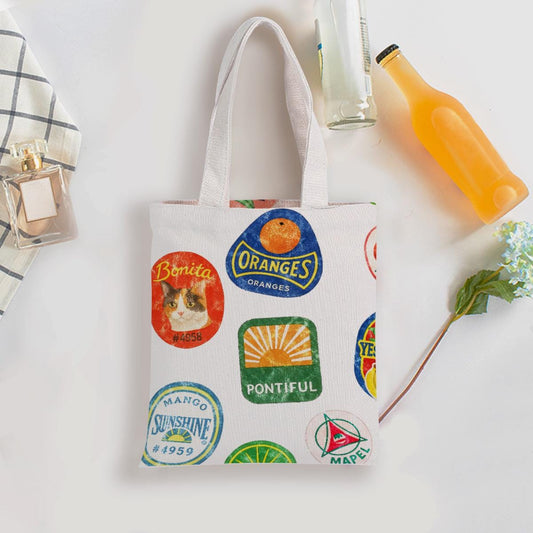 Retro Style Fruit Sticker Tote Bag – Produce-Inspired Canvas Farmers Market Everyday Shopping