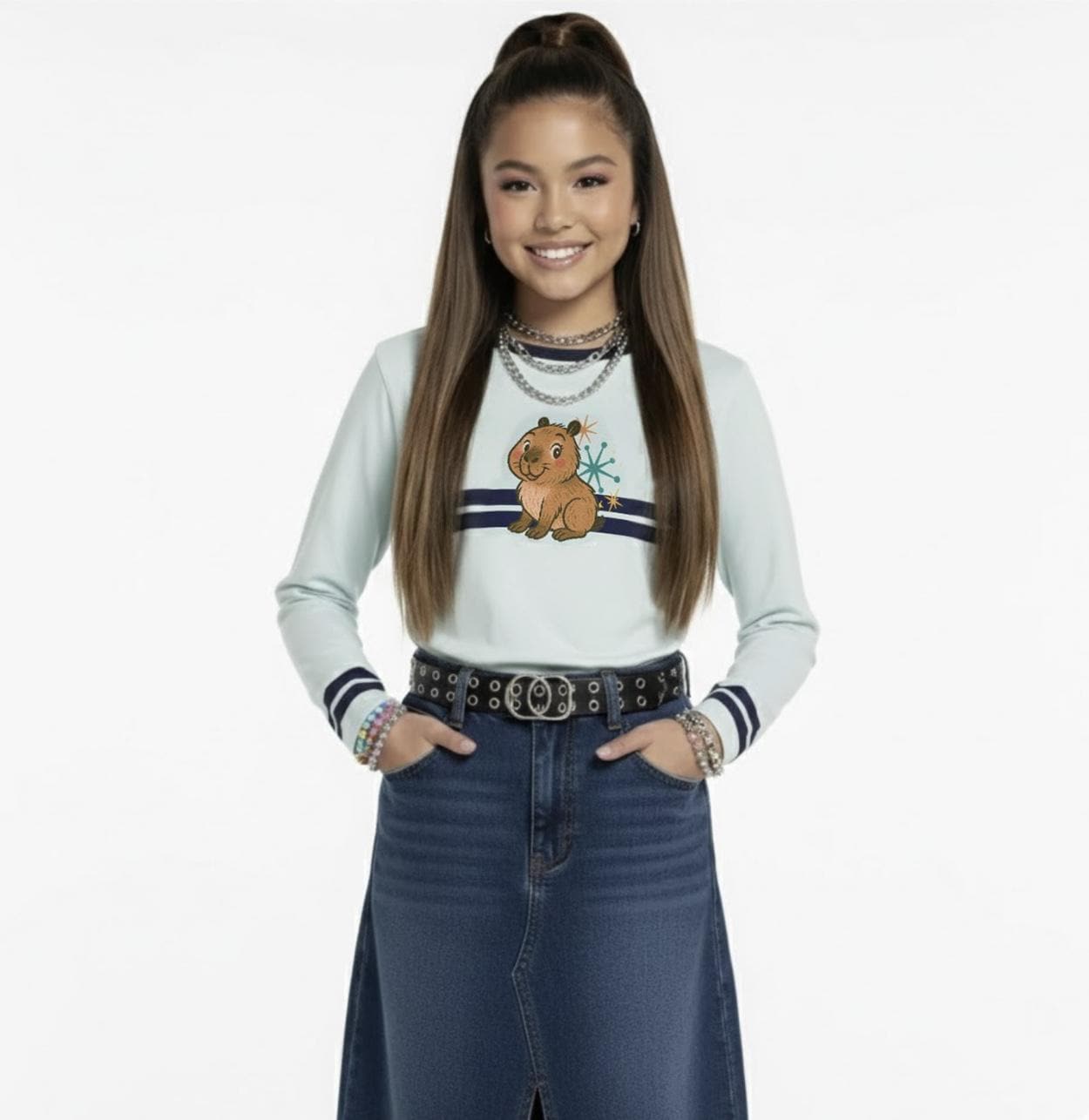 Kitschy Retro Y2K Capybara Long Sleeve Top | Atomic Starburst 2000s Nostalgia