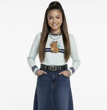 Kitschy Retro Y2K Capybara Long Sleeve Top | Atomic Starburst 2000s Nostalgia