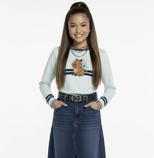 Kitschy Retro Y2K Capybara Long Sleeve Top | Atomic Starburst 2000s Nostalgia