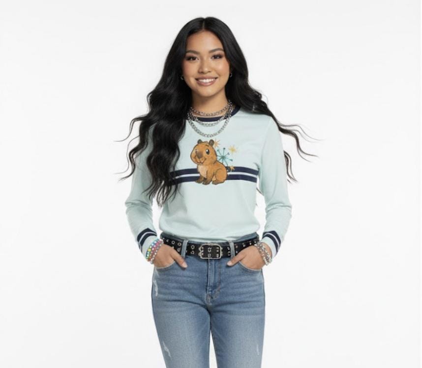 Kitschy Retro Y2K Capybara Long Sleeve Top | Atomic Starburst 2000s Nostalgia