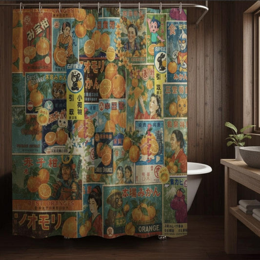 Showa Orange Shower Curtain: Vintage Japanese Anime Bathroom Decor