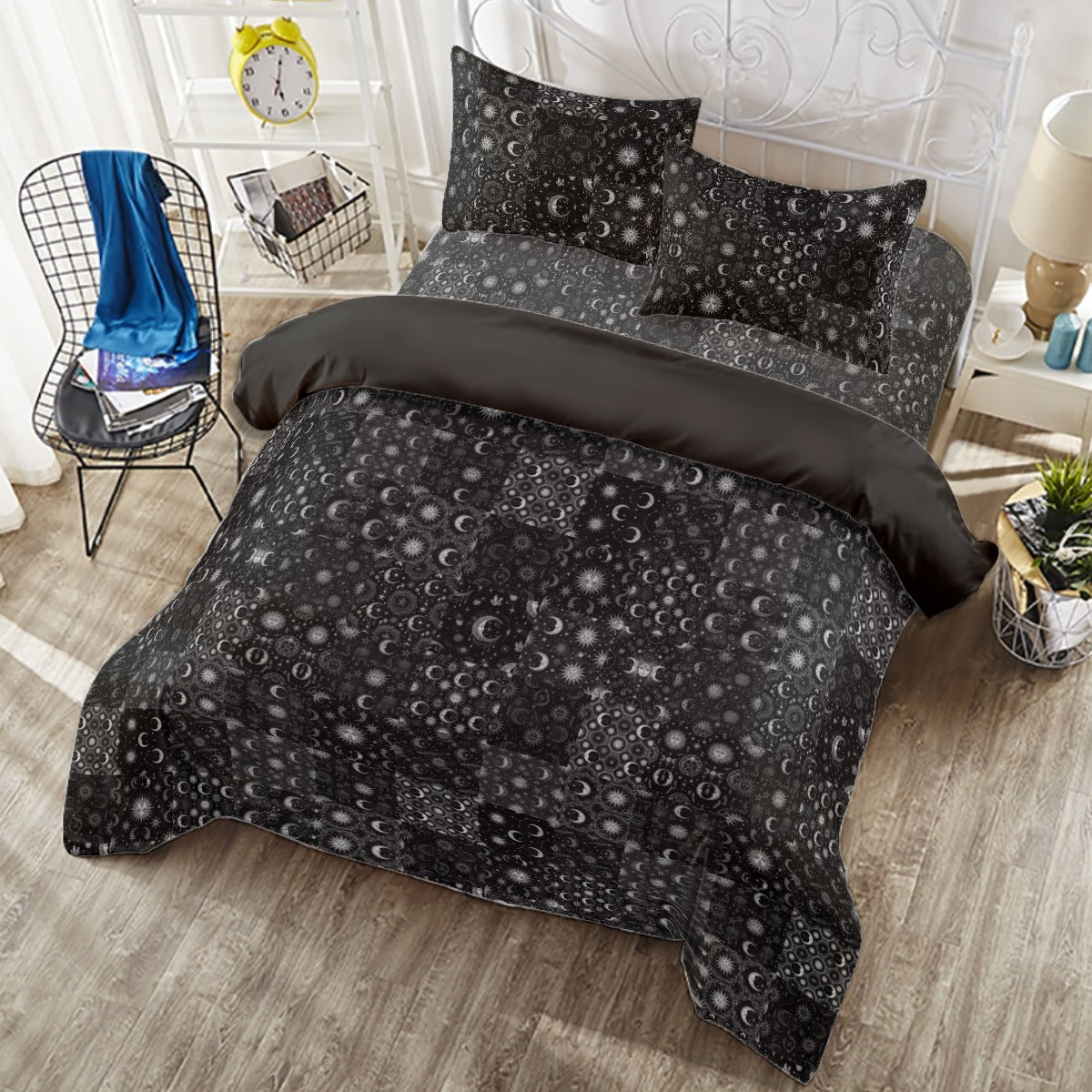 🌑 Gothy Patchwork Celestial Four Piece Bed Set | Y2K Witchy Bedding | Dark Moon & Star Mystic Decor 🔮