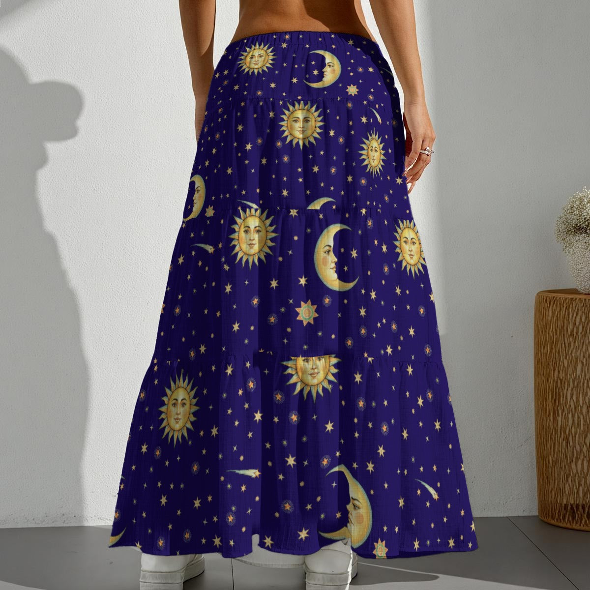 Whimsigoth Celestial Sun & Moon Tiered Maxi Skirt