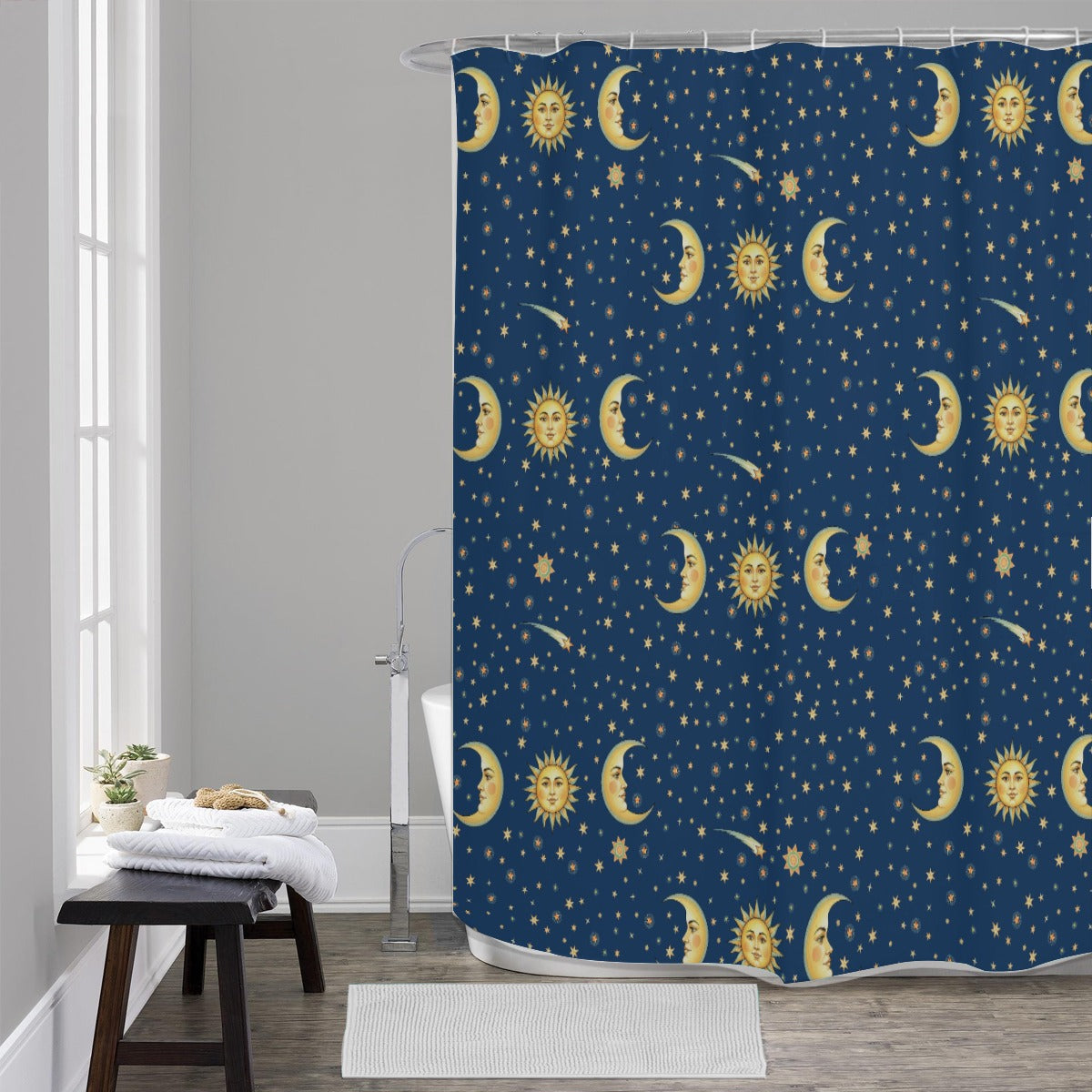 Meteor Shower Sun Moon Stars Shower Curtain – Whimsigoth Celestial Décor