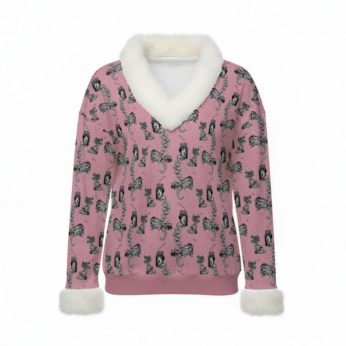 Timeless Tanya Faux Knit V-Neck Sweater Top with Fur Trim