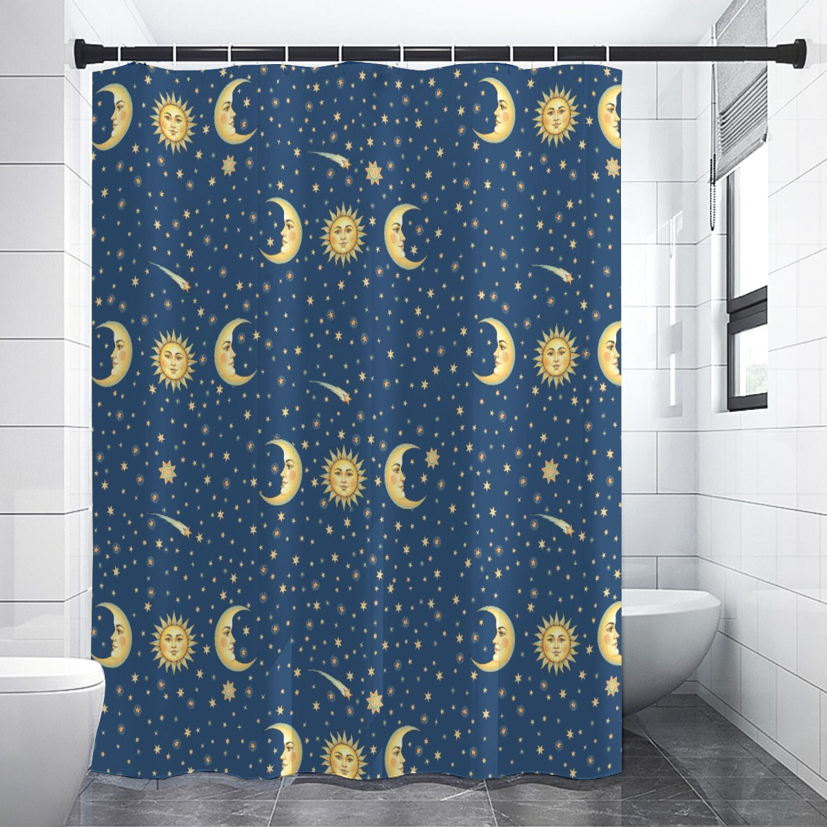 Meteor Shower Sun Moon Stars Shower Curtain – Whimsigoth Celestial Décor