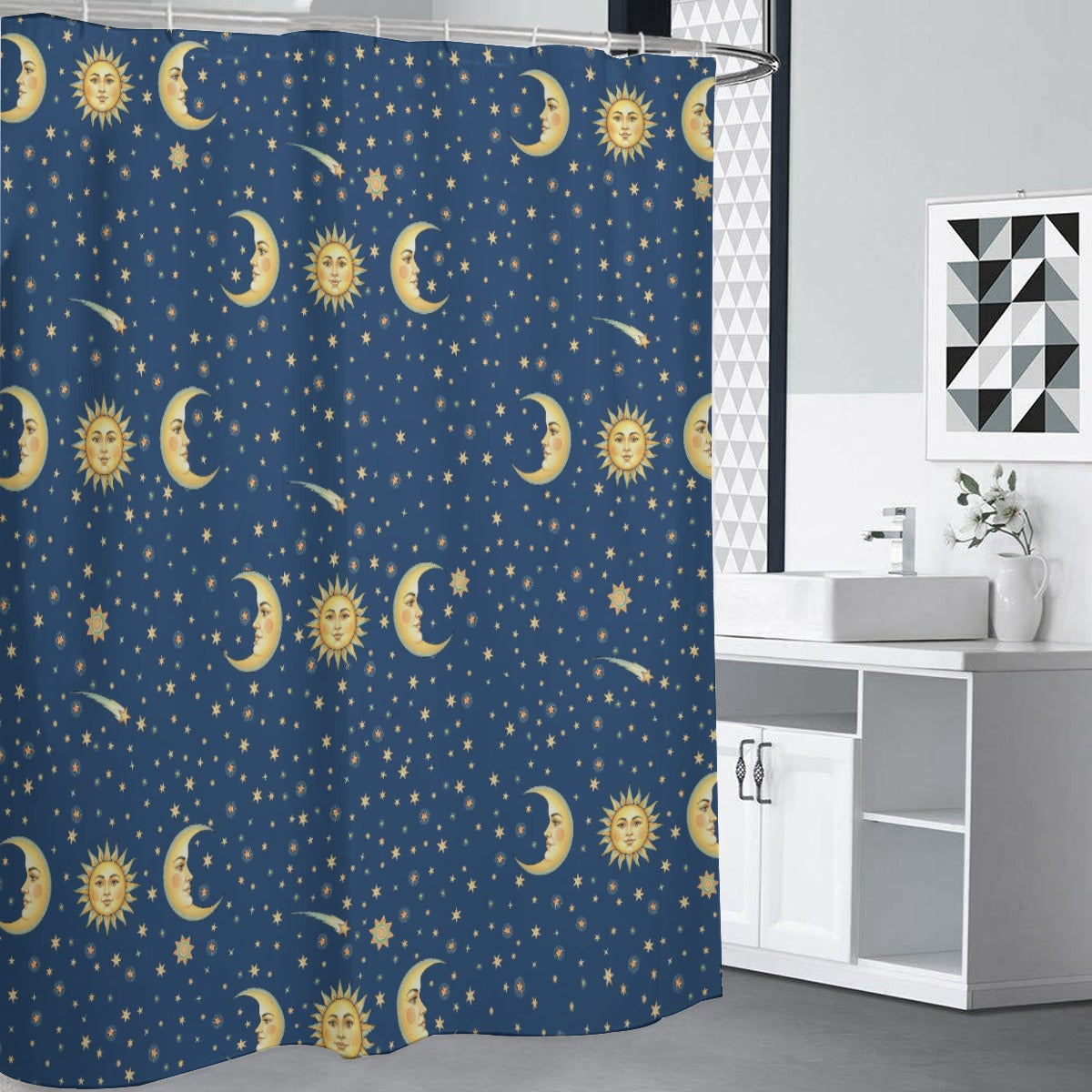Meteor Shower Sun Moon Stars Shower Curtain – Whimsigoth Celestial Décor