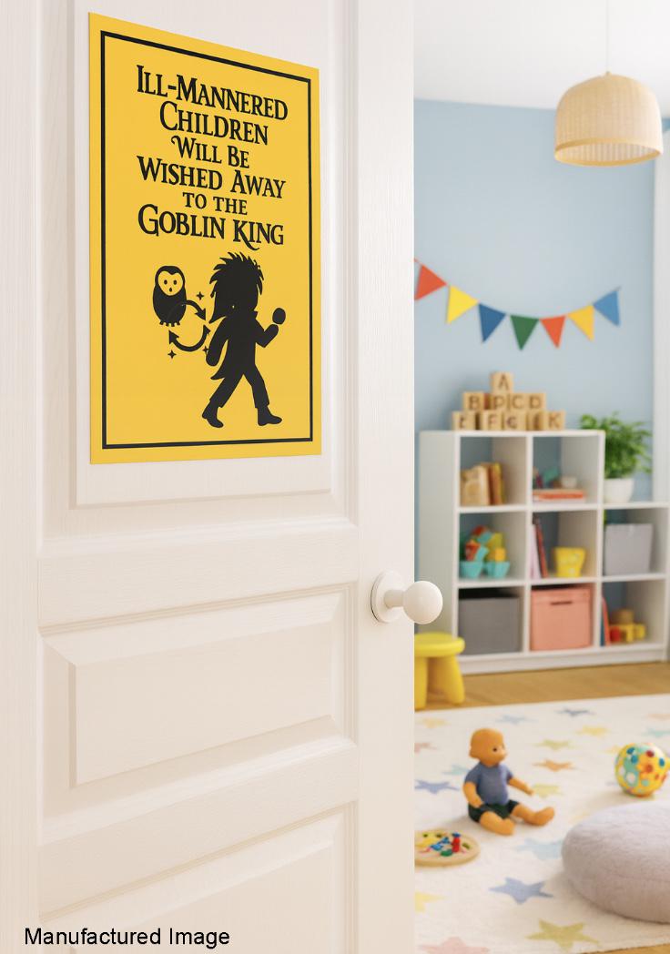 Fantasy Maze Goblin King Warning Sign: Funny Playroom Decor, Scratch-Resistant Aluminum
