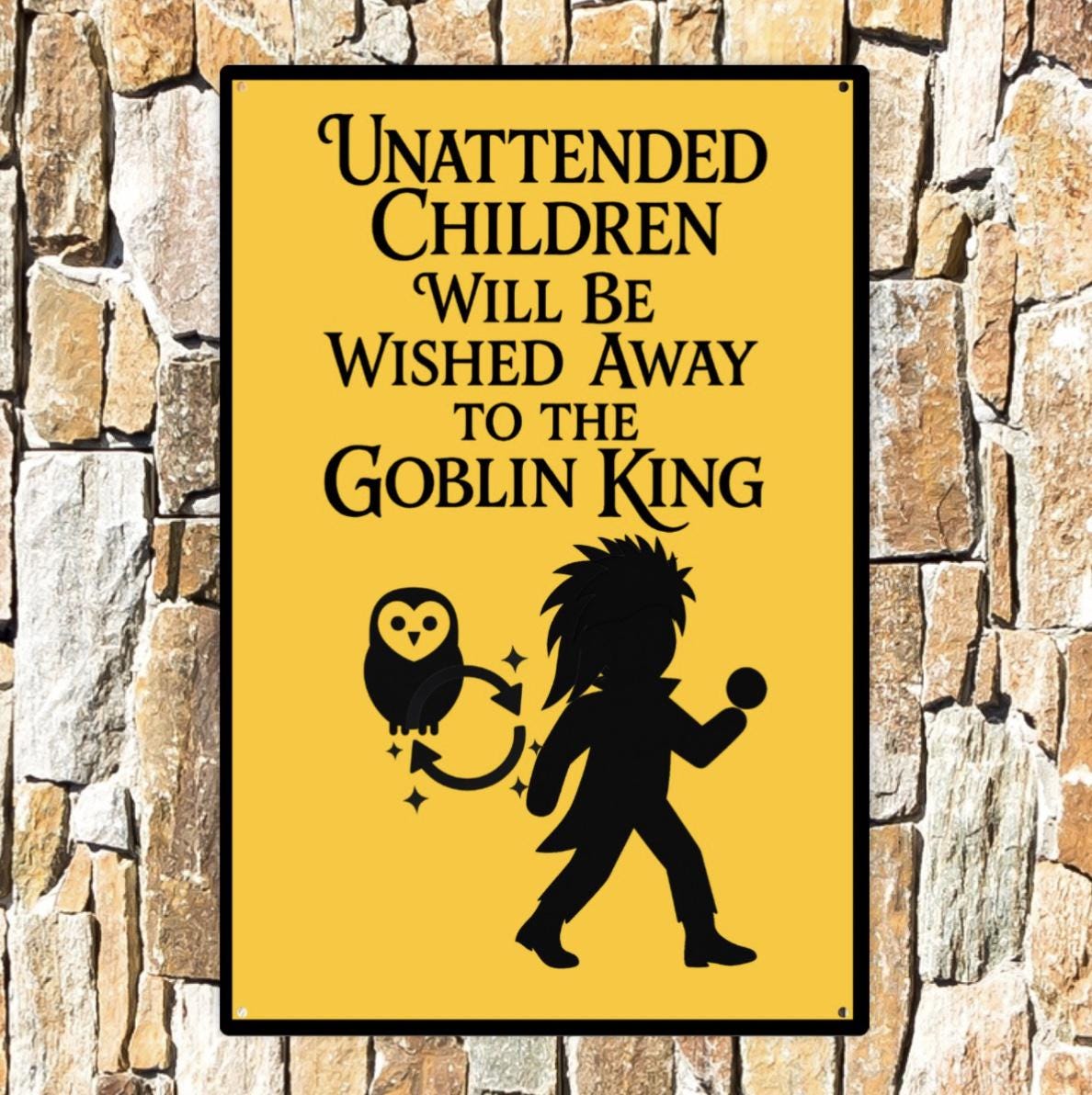 Fantasy Maze Goblin King Warning Sign: Whimsical Playroom Metal Decor