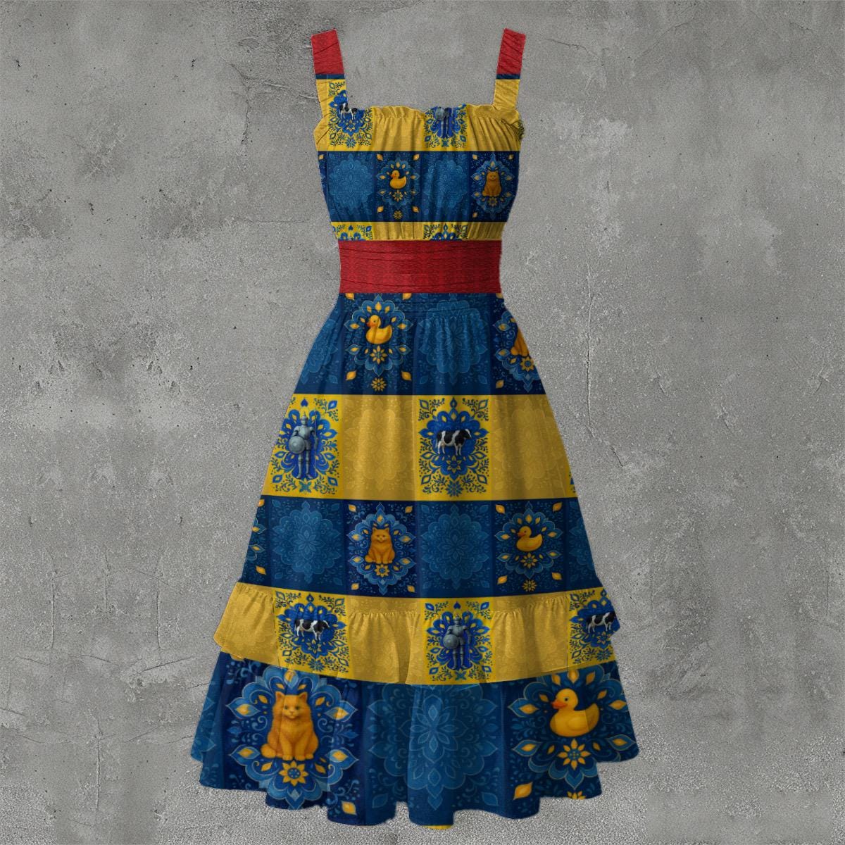 Taskmaster Inspired  Buddies Majolica Patchwork Dress | Duckie, Potatas, Linda, and Ollie!