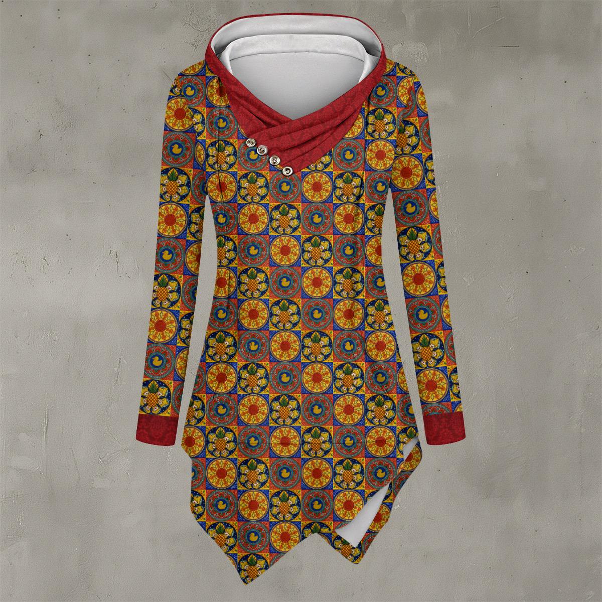 Taskmaster Inspired Majolica Patchwork Hoodie | Asymmetric Hem British Fandom Top |