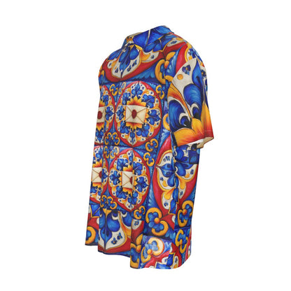 Taskmaster Majolica Silk-Style Shirt | Tile Print Fan Art Men’s Short Sleeve Top