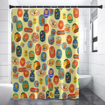 Retro Fruit Stickers Shower Curtain: Funny Orange Cat Bathroom Decor