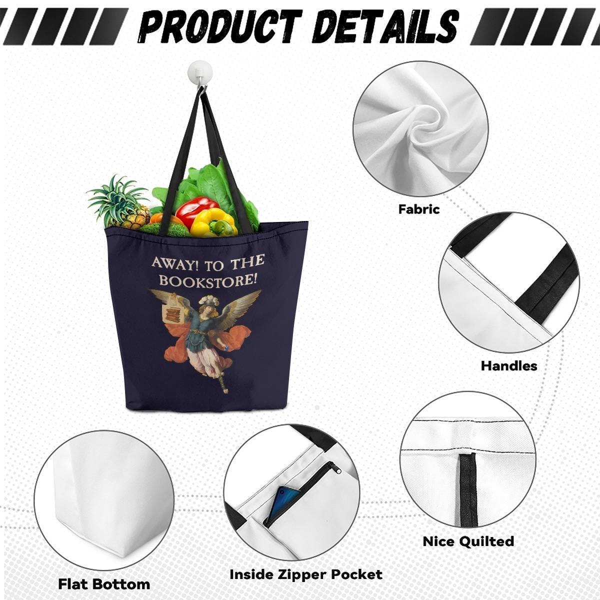 Rococo Book Lover Canvas Tote Bag: 'Away! To The Bookstore'