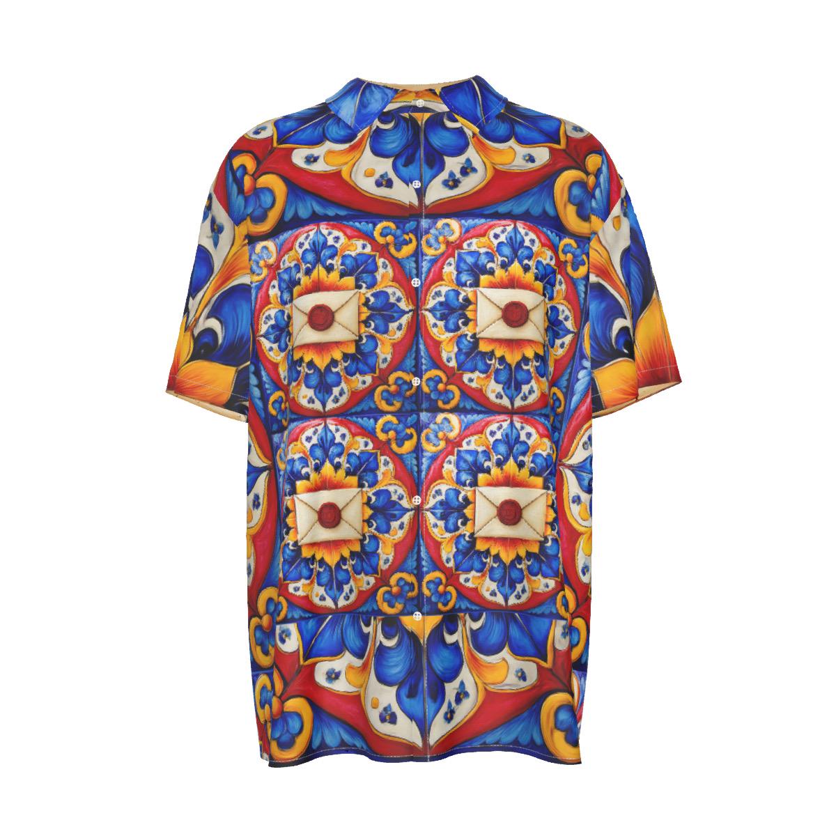 Taskmaster Majolica Silk-Style Shirt | Tile Print Fan Art Men’s Short Sleeve Top