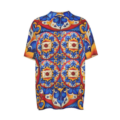 Taskmaster Majolica Silk-Style Shirt | Tile Print Fan Art Men’s Short Sleeve Top