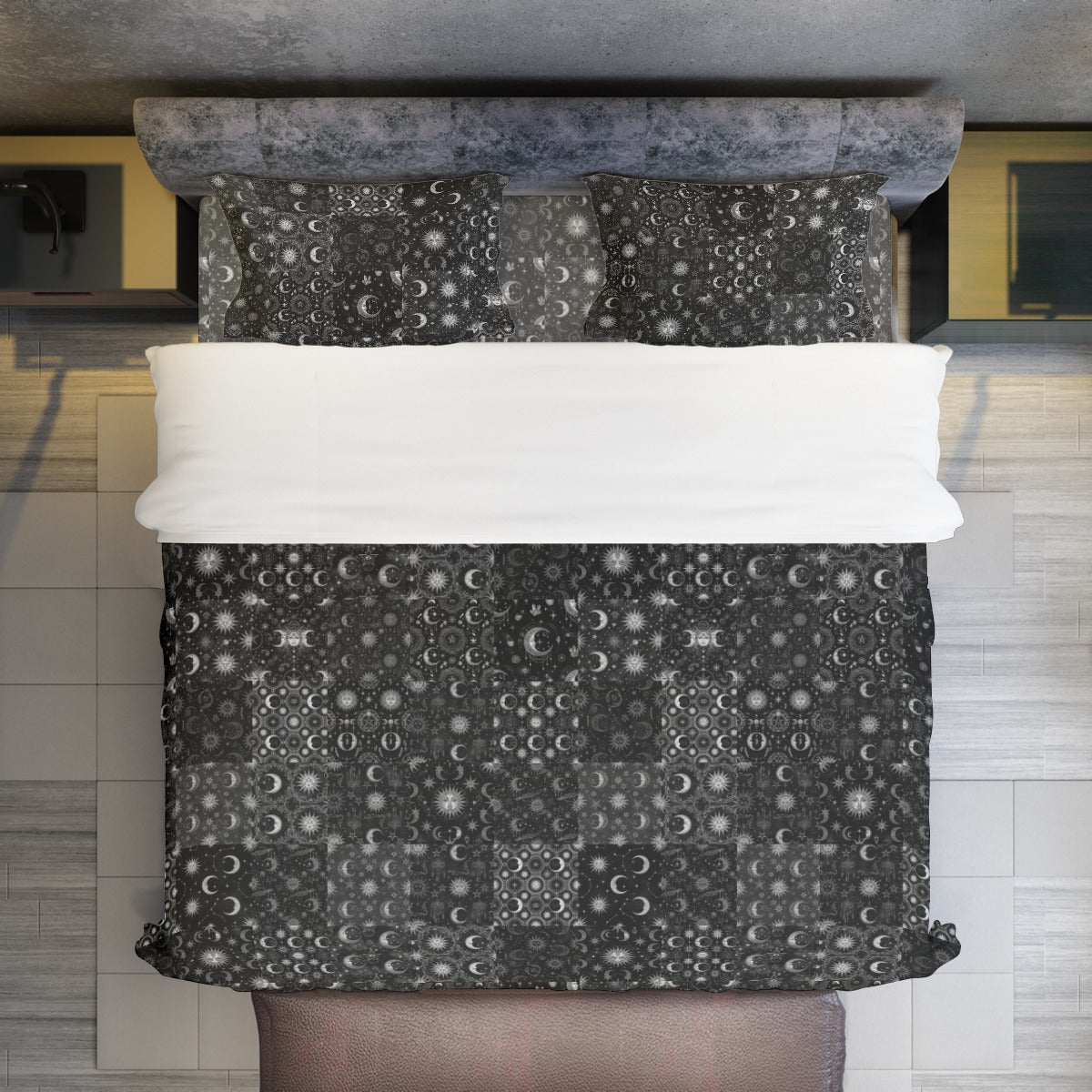 🌑 Gothy Patchwork Celestial Four Piece Bed Set | Y2K Witchy Bedding | Dark Moon & Star Mystic Decor 🔮