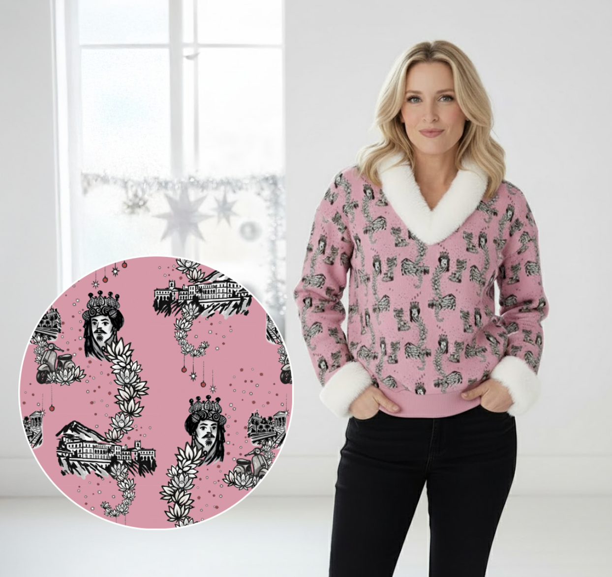 Timeless Tanya Faux Knit V-Neck Sweater Top with Fur Trim