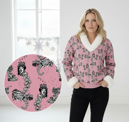 Timeless Tanya Faux Knit V-Neck Sweater Top with Fur Trim