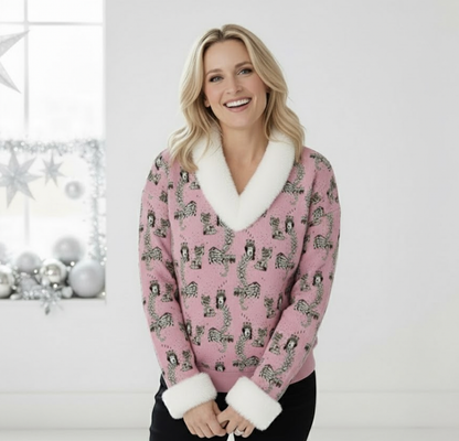 Timeless Tanya Faux Knit V-Neck Sweater Top with Fur Trim