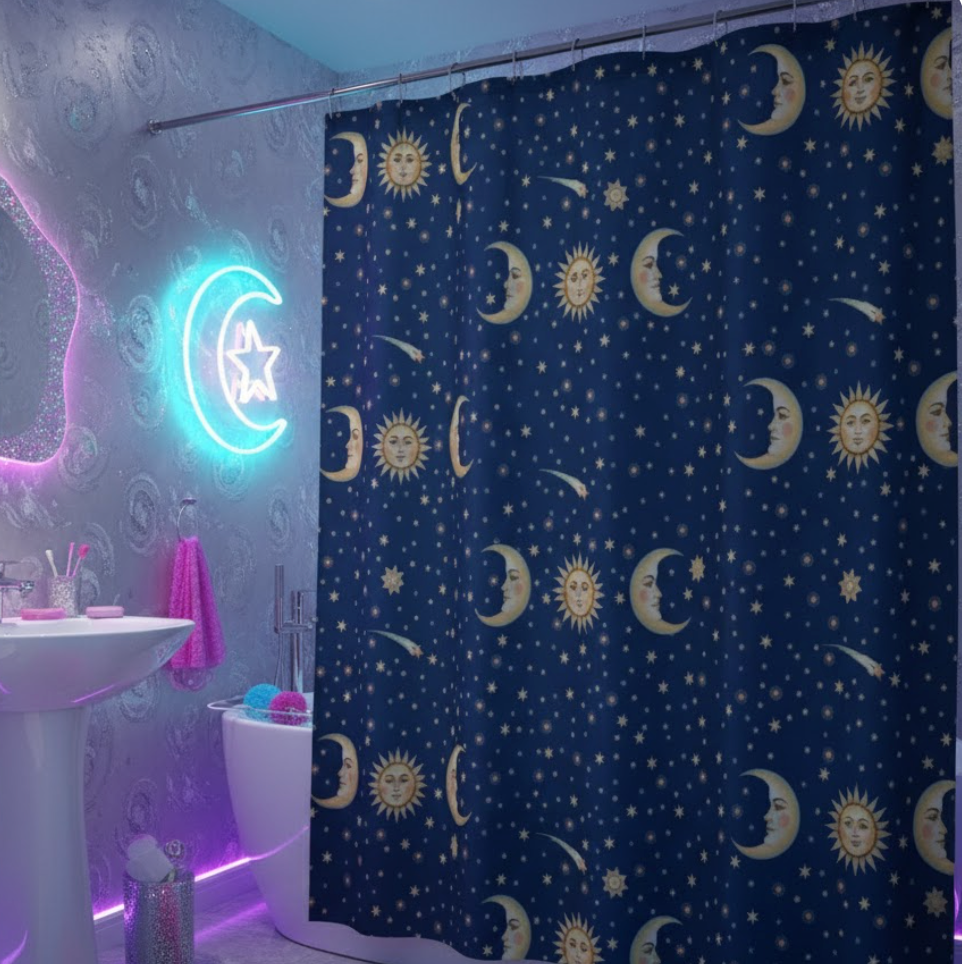 Meteor Shower Sun Moon Stars Shower Curtain – Whimsigoth Celestial Décor