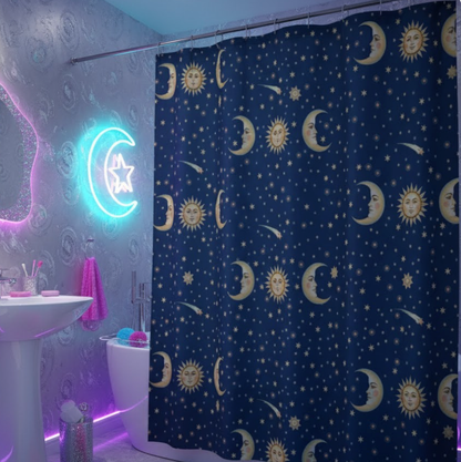 Meteor Shower Sun Moon Stars Shower Curtain – Whimsigoth Celestial Décor