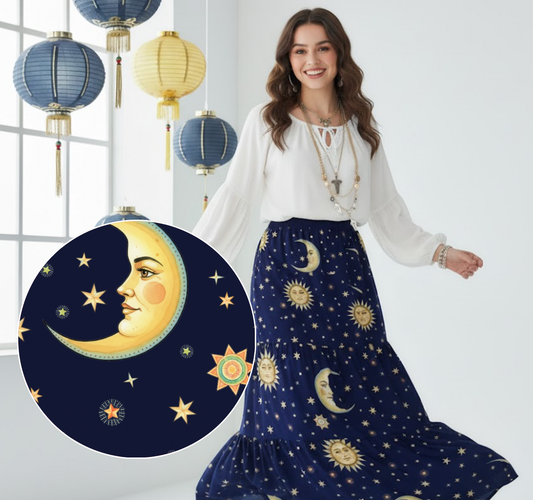 Whimsigoth Celestial Sun & Moon Tiered Maxi Skirt