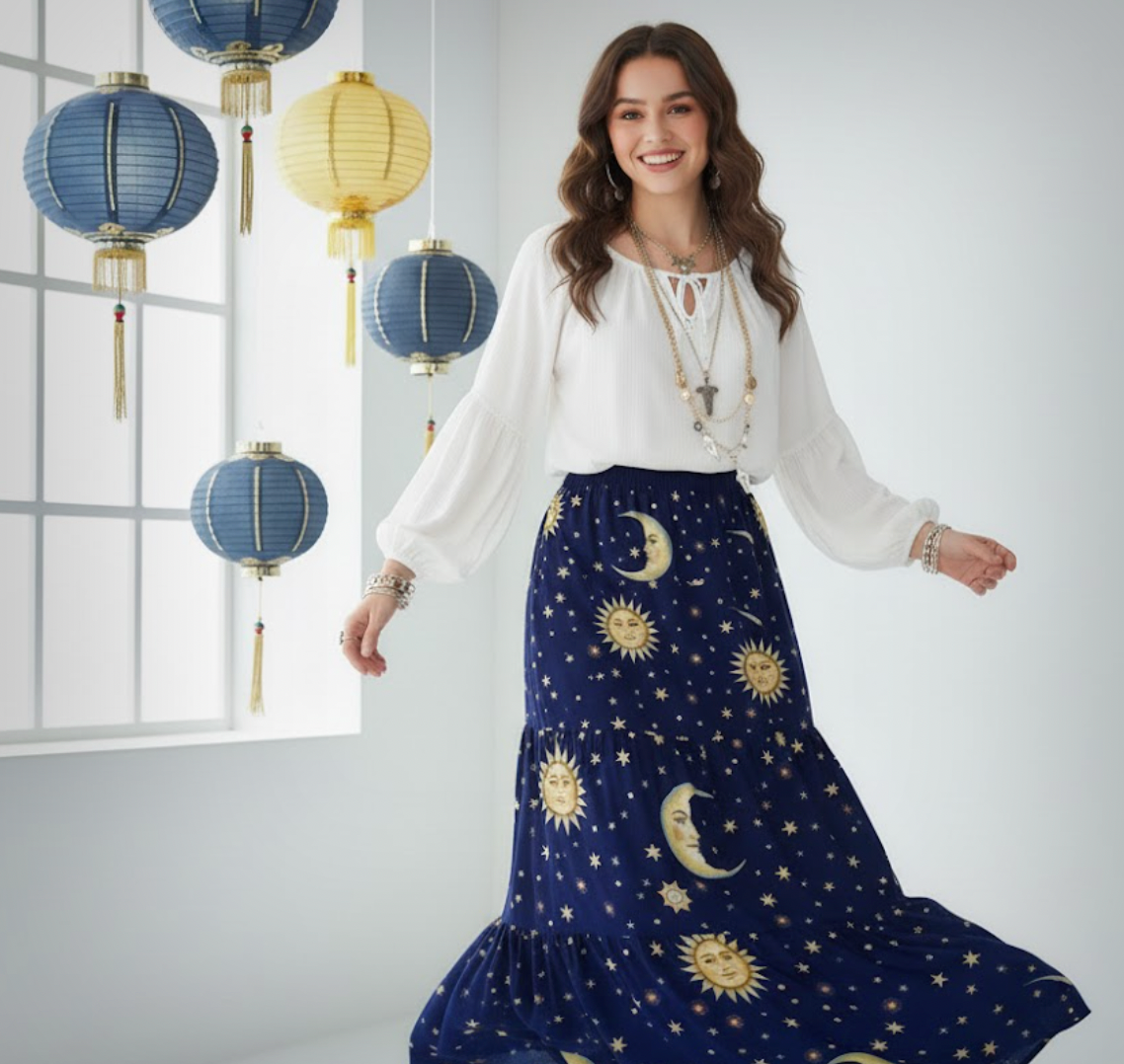 Whimsigoth Celestial Sun & Moon Tiered Maxi Skirt