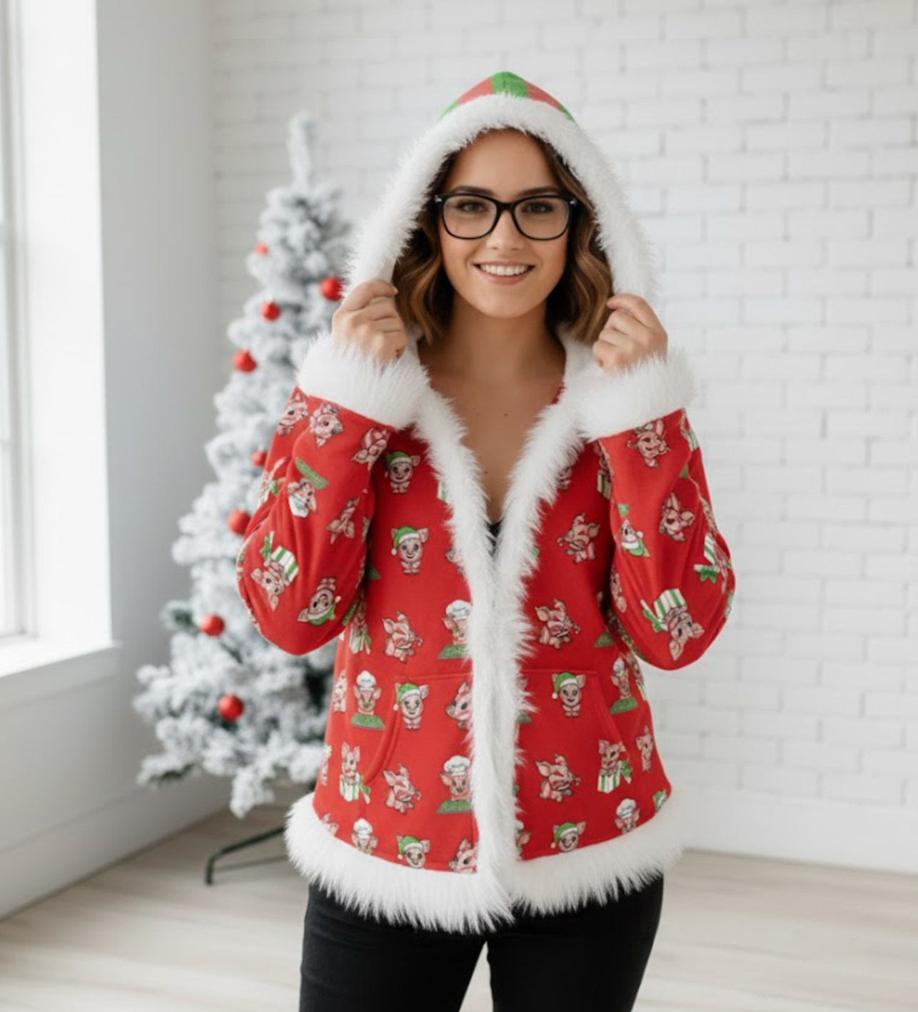 Peppermint Preston Velvet Shimmer Fur-Trimmed Hoodie