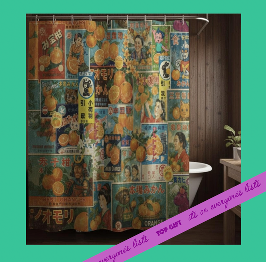 Showa Orange Shower Curtain: Vintage Japanese Anime Bathroom Decor