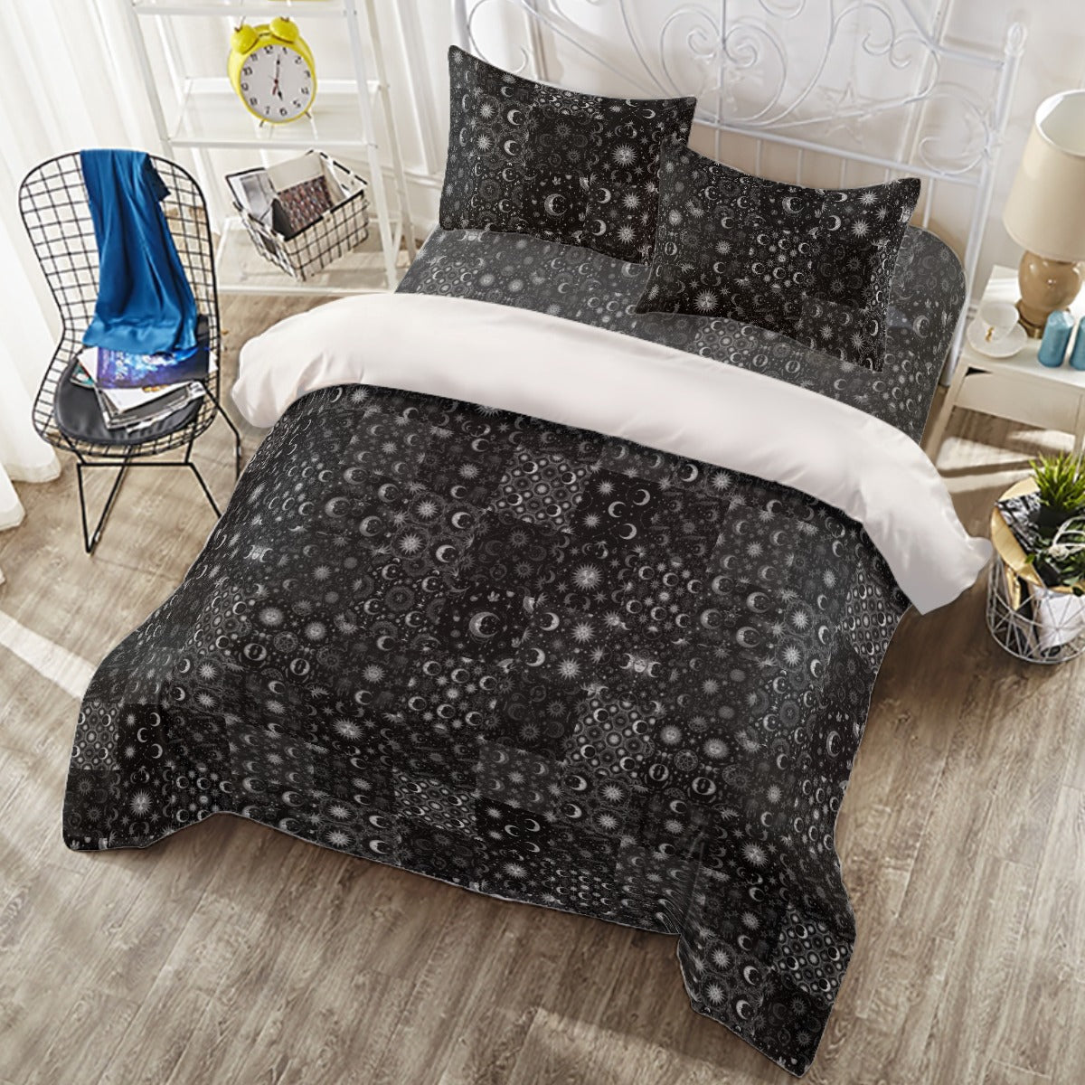 🌑 Gothy Patchwork Celestial Four Piece Bed Set | Y2K Witchy Bedding | Dark Moon & Star Mystic Decor 🔮