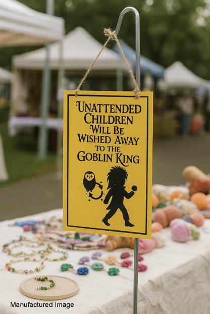 Fantasy Maze Goblin King Warning Sign: Whimsical Playroom Metal Decor