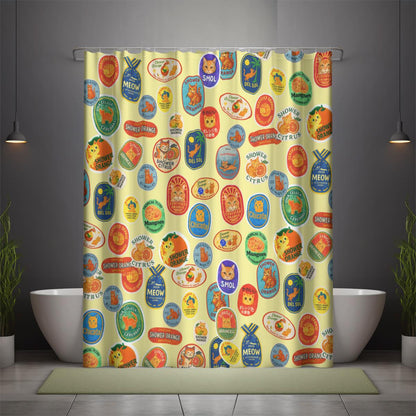 Retro Fruit Stickers Shower Curtain: Funny Orange Cat Bathroom Decor