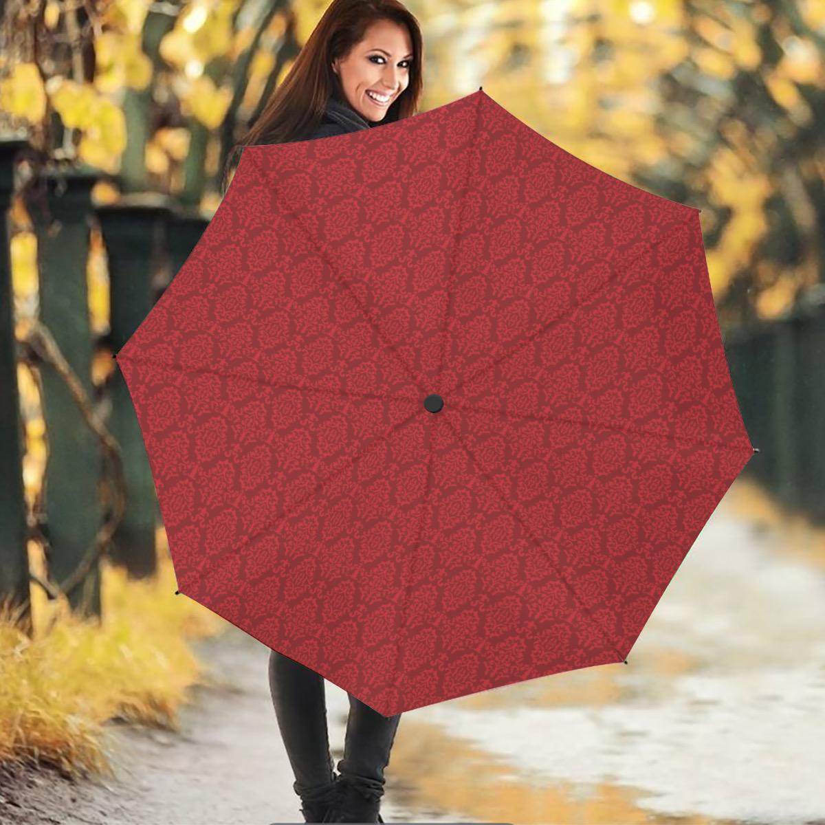 Taskmaster Inspired Red Damask Travel Umbrella: Automatic Open/Close