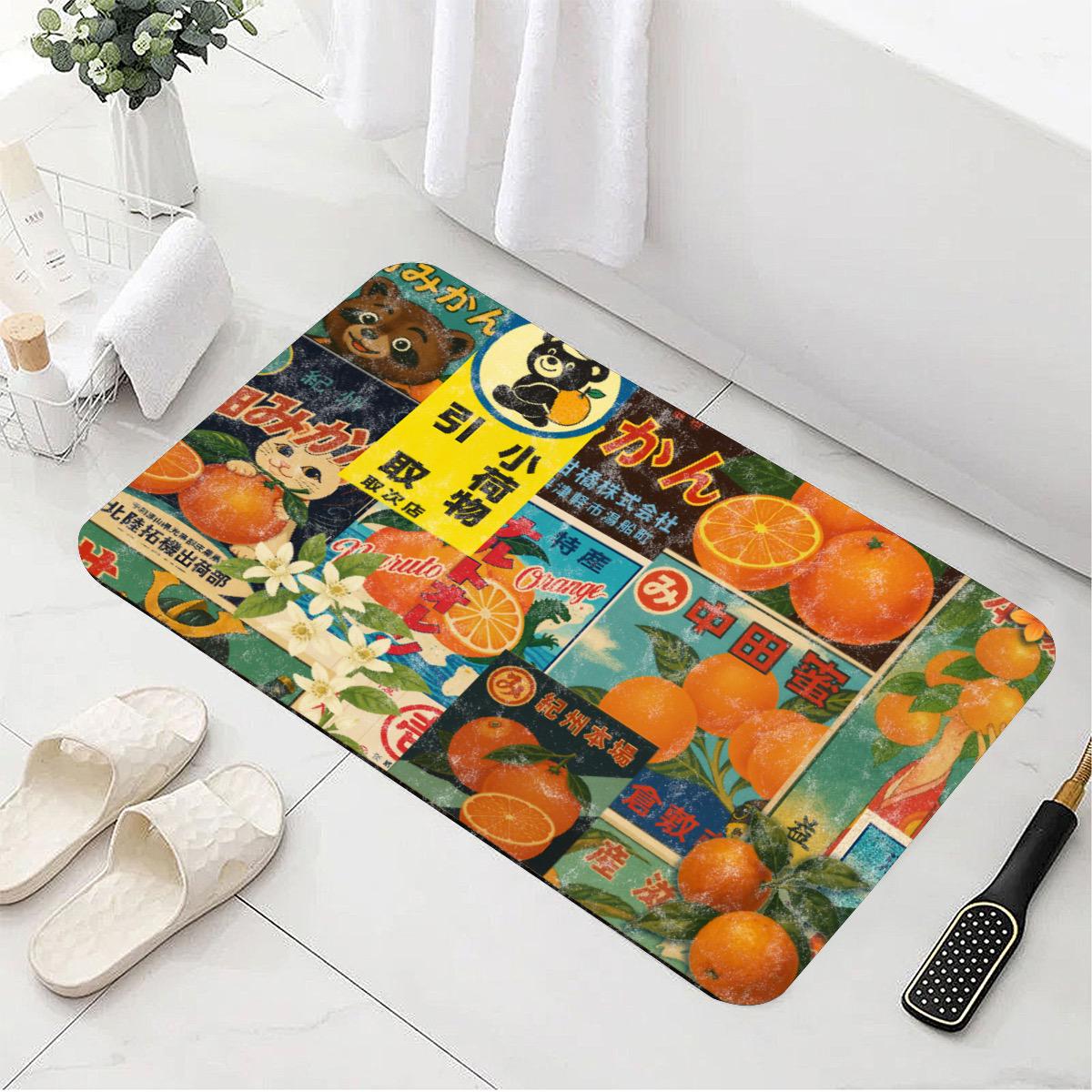 Showa Era Shower Orange Bath Mat: Retro Japanese Citrus Label, Diatomaceous Earth