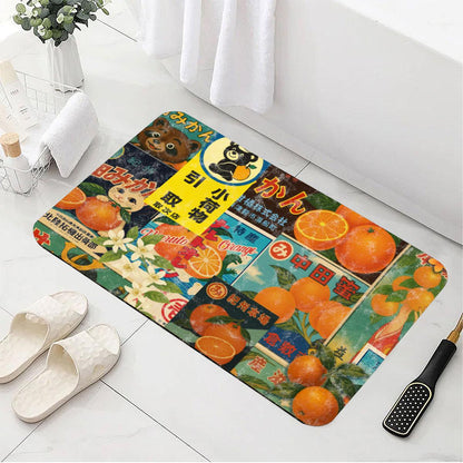 Showa Era Shower Orange Bath Mat: Retro Japanese Citrus Label, Diatomaceous Earth
