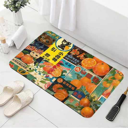Showa Era Shower Orange Bath Mat: Retro Japanese Citrus Label, Diatomaceous Earth