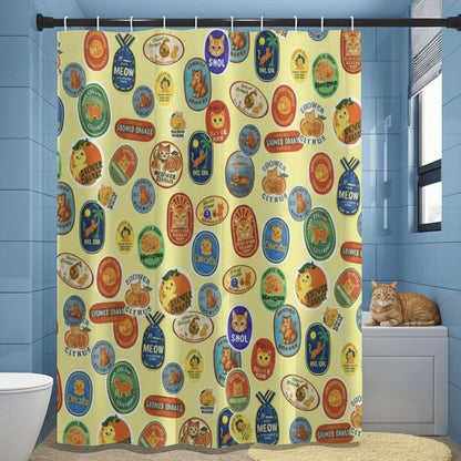 Retro Fruit Stickers Shower Curtain: Funny Orange Cat Bathroom Decor