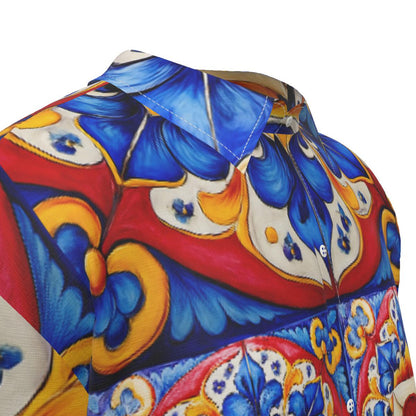 Taskmaster Majolica Silk-Style Shirt | Tile Print Fan Art Men’s Short Sleeve Top