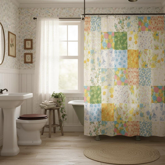 Vintage Patchwork Bedsheets Shower Curtain | Cottagecore Floral Bathroom Curtain