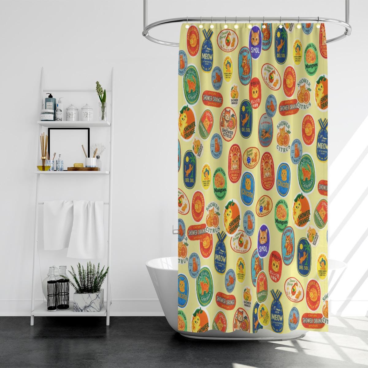 Retro Fruit Stickers Shower Curtain: Funny Orange Cat Bathroom Decor
